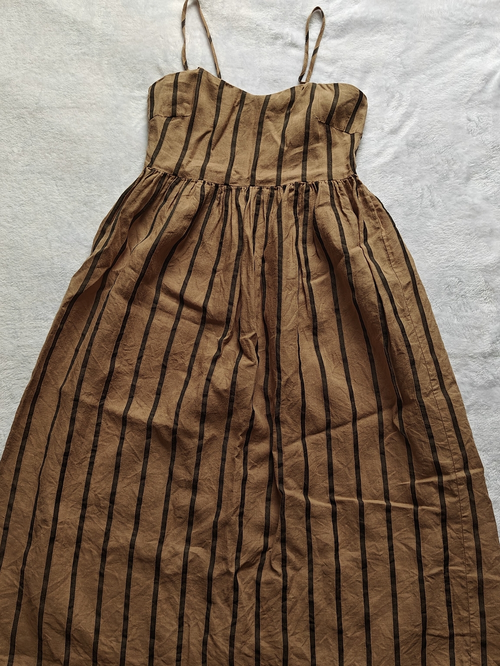 MNG Women's Brown/Black Striped Smocked Square Neck Midi Sundress Size 6